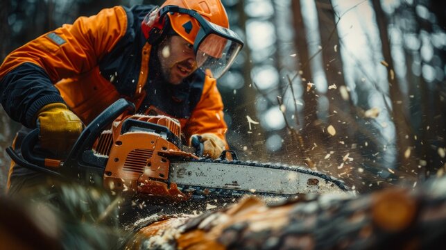 Lumberjack Cutting Tree with Chainsaw. Generative ai