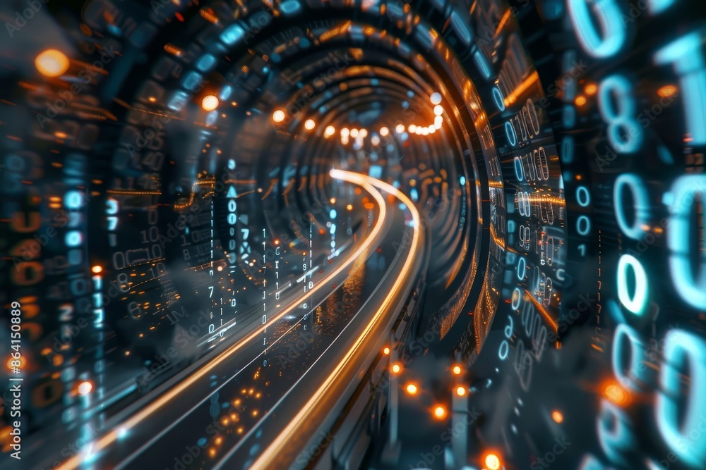 Poster 3d render of abstract highway path through digital binary towers in city. concept of big data, machi