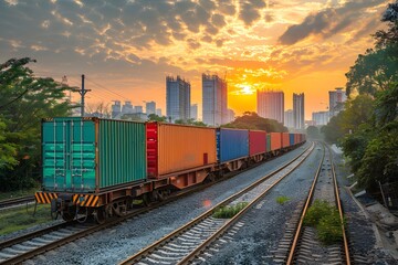 Fototapeta premium Freight Train Passing Through Urban Landscape at Sunset