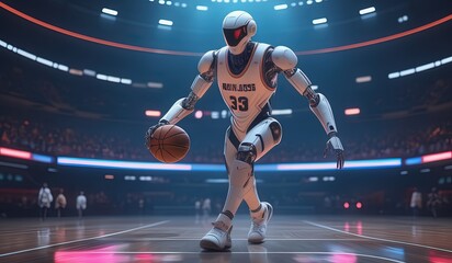 basketball robot player. robot wearing a jersey playing basketball. robot model basketball athlete. robot pose with basketball