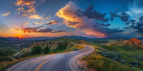 A curvy road winds through the mountains in sunset