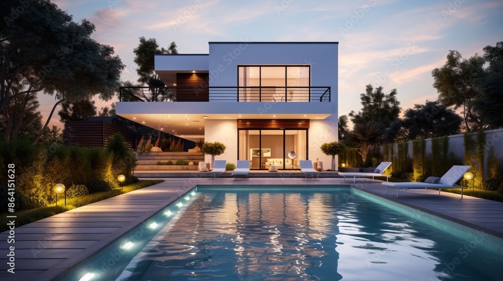 Wall mural modern residential building with lighting and swimming pool in garden in the evening