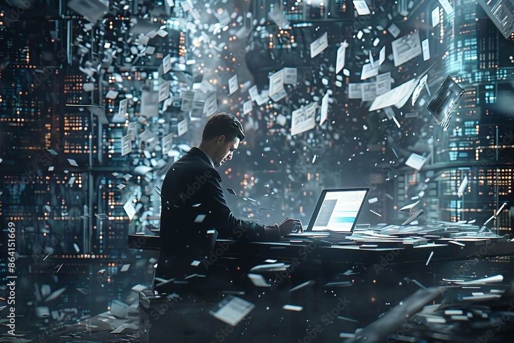 Poster an enterprise content management system, a businessman with a laptop computer uploading digital docu