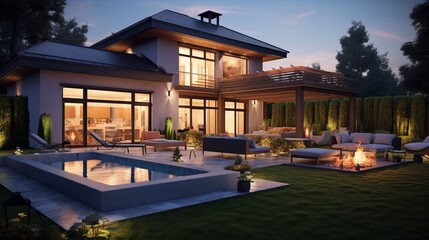 Obraz premium modern residential building with fire place and swimming pool in garden in the evening