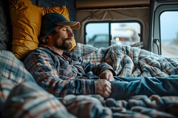 Fototapeta premium Trucker Taking a Rest in Cozy Cabin Bed