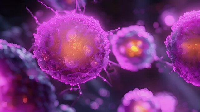 Fluorescent microscopy animation of natural killer cells forming a protective barrier against invading pathogens.