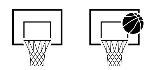 Cartoon basketball hoop or basketball net and board. Game sports concept. Ball sport is a team sport. Flat vector icon. Basket Balls sign leather pattern For court games.
