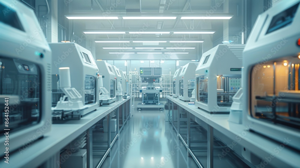 Poster a high-tech 3d printing factory scene with advanced machinery and minimalistic surroundings, emphasi