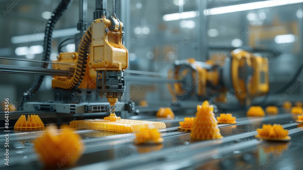 Poster a high-tech 3d printing factory scene with advanced machinery and minimalistic surroundings, emphasi