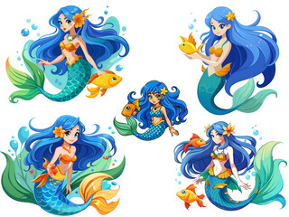 Obraz premium There are several mermaids with blue hair and fish on a white background