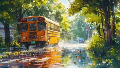 Obraz premium Vibrant watercolor of a yellow school bus on a rainy day, surrounded by greenery and wet streets reflecting light and shadow.