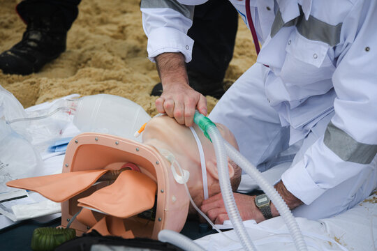 Rescue simulation with ambulance and firefighters on the coasts of southwest France.