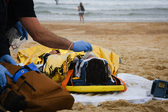 Rescue simulation with ambulance and firefighters on the coasts of southwest France.