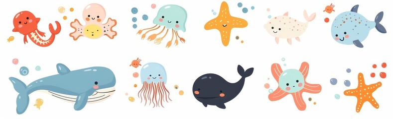 Toy icon set line. Whale Jellyfish Crab Starfish. Big eyes. Yellow star. Funny cartoon baby character. Sea ocean animal collection. Flat design. White background. Isolated.