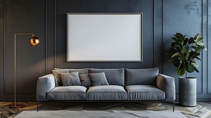 A minimalist vertical poster frame mockup, positioned on a smooth, dark wall above a stylish, gray sofa with a metallic floor lamp alongside.