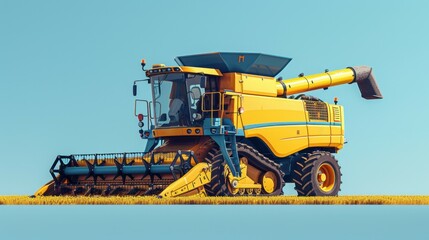 Obraz premium A minimal combine harvester rests on a plain backdrop, emphasizing its clean lines and efficient design. Perfect for depicting agricultural machinery in a simple setting.