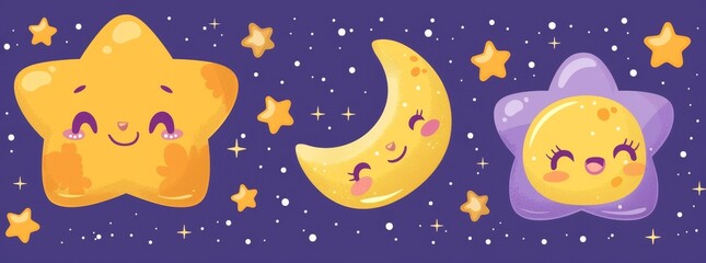 Icon set of sun, star, moon. Cute cartoon kawaii funny baby character. Smiling face emotion. Yellow color. Childish style. Flat design. Isolated. Violet background modern.