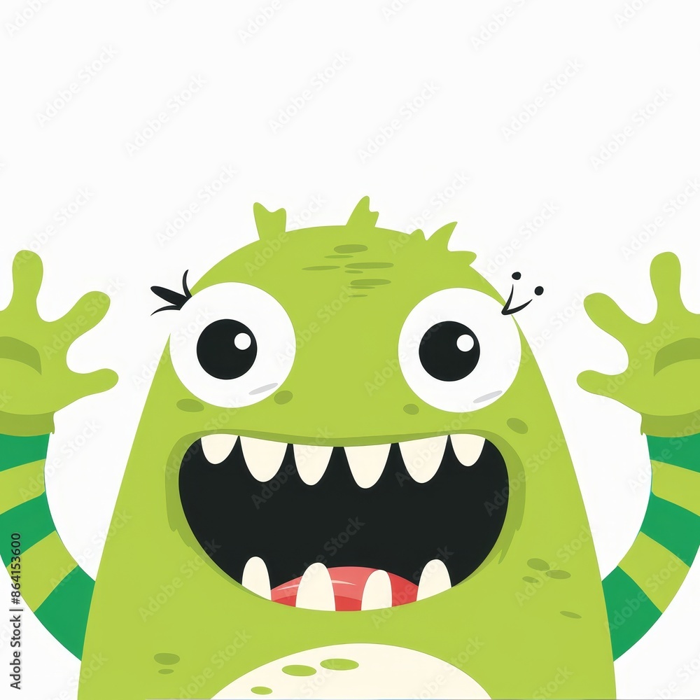 Wall mural The monster face head is a cartoon character with eyes, horns, and fangs. Green monsters. Funny baby collection. Flat design. White background.