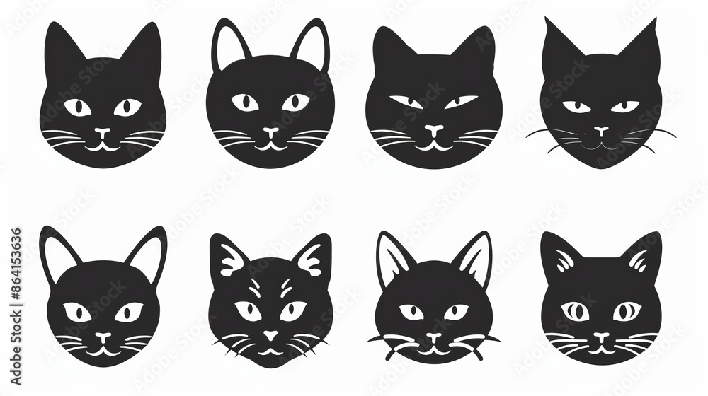 Wall mural Pictogram. Isolated. Cartoon character in black cat head with face contour. White background. Isolated. Flat design. Pictogram. Icon set line. Icon set line. Kitty kitten whisker icon set line. Flat - Wall murals