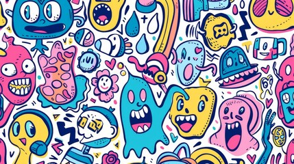 Naklejka premium Hand-drawn doodle pattern with quirky elements and characters
