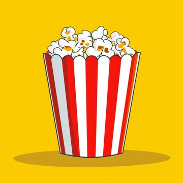 recommend clip art: Animated popcorn icon. Cinema movie night. Red white and red stripe box. Popcorn food. Cute movie cinema banner decoration template. Isolated. Yellow color scheme.