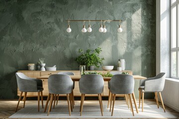 Immerse yourself in the cozy sophistication of a Scandinavian dining room with a wooden dining table, grey chairs, and a sideboard against a textured green stucco wall.
