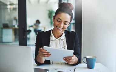 Tablet, internet and smile with business woman at work in office for law firm or case research. Computer, coffee and paperwork with female attorney working on lawyer report or online court review