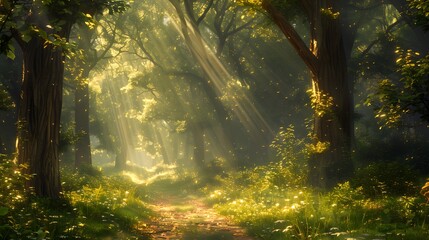 A peaceful forest with tall trees and sunlight filtering through the leaves, creating an enchanting path that leads to a hidden clearing wildlife is visible in their natural habitat.