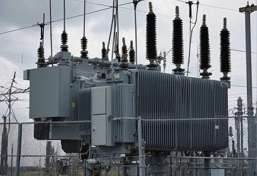 A transformer at an electrical substation. Transmission of electricity.