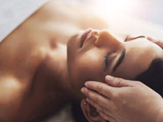 Hands, head massage and luxury with woman in spa closeup for stress relief, treatment or wellness....