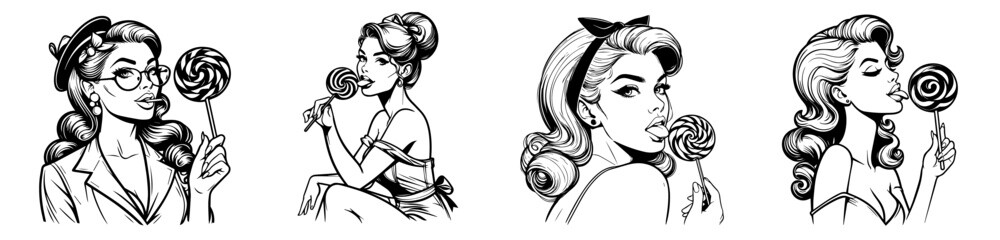 black and white pin-up girls with lollipops collection