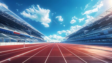 An empty running track in the middle, with stands on both sides and a stadium roof above. This scene creates an intense competition environment for professional sports events.