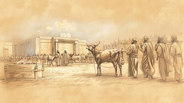 Leviticus:The Burnt Offering,Devotional Leviticus Scene: Israelite Offering, Altar, Priests, Biblical Illustration, Beige Background
