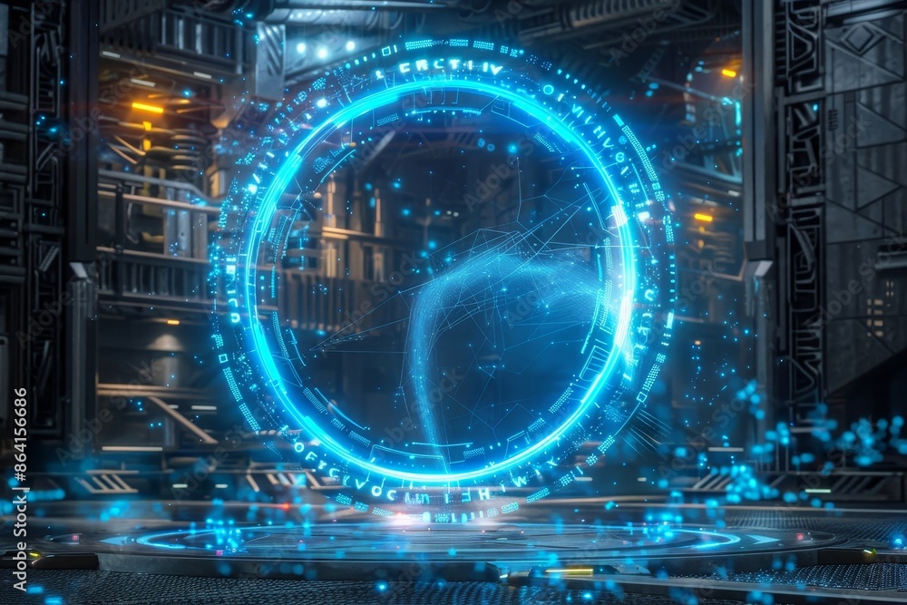 Poster this is a blue hologram portal with hologram effect. a magic circle teleport podium with hologram ef