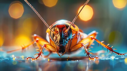 Vibrant macro photograph of a cockroach with a colorful bokeh background, showcasing intricate details and vivid colors.