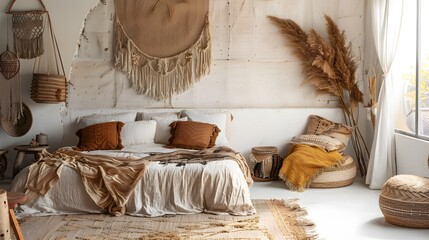 Elegant Scandinavian hygge style home living room interior. Cozy comfortable sofa, pillows, white walls. Aesthetic luxury bright apartment interior design concept
