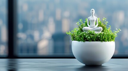 A calm, meditative figure sits cross-legged on a lush green plant in a white pot, against a blurred cityscape background.