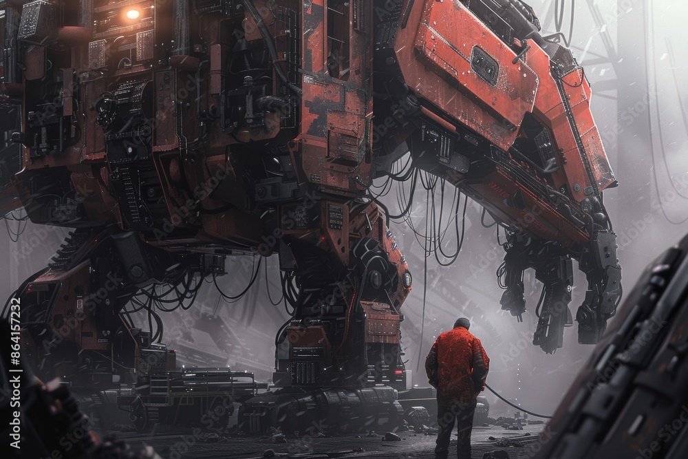 Poster illustration of a male worker controlling a robot in a factory using a tablet