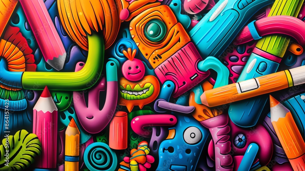 Poster colorful abstract collage of various playful, cartoonish objects and shapes, creating a vibrant and 