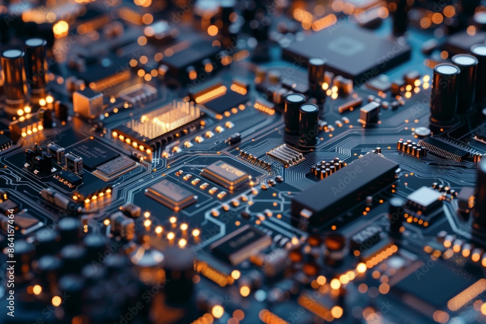 Poster integrated circuit board assembly line with high precision robot arms at an electronics factory. man