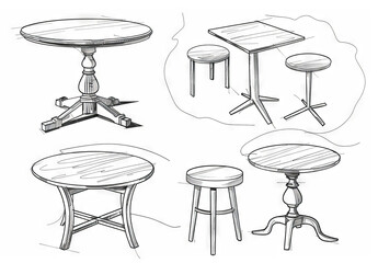 Tables sketched set, different line drawing desks, square and round tables, furniture doodles