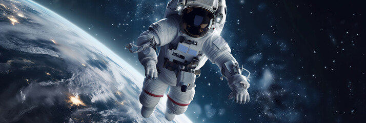 astronaut floating in space, earth on background, space suit with helmet and visor, arms outstretched