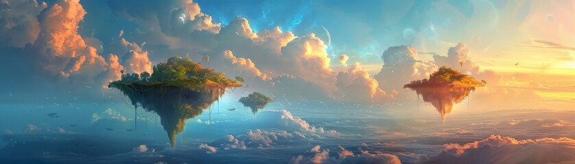 Skyscape with floating islands, digital painting