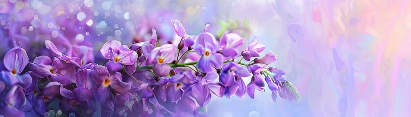 Flowing purple flowers Wisteria in spring with bokeh background. Watercolor painting of abstract flowers.