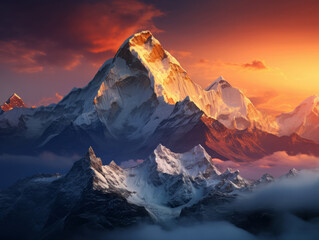 Wonderful scenery of the summit of mount everest covered with snow under the white clouds