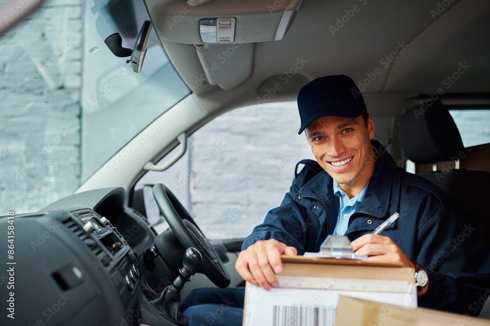 Poster courier, man and portrait in truck with checklist for address verification, shipping records and ord