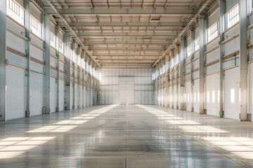 Obraz premium Empty modern white warehouse with a spacious interior and clean white background