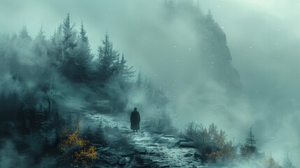 Man on a Foggy Mountain Path: Illustrate a man hiking along a foggy mountain path, with the mist creating an ethereal and mysterious atmosphere. 