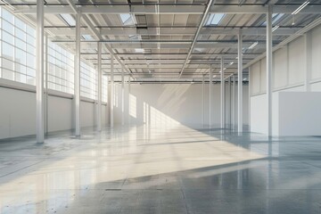 Empty modern white warehouse with a spacious interior and clean white background