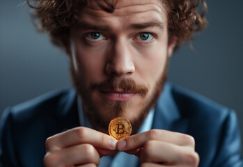 A corporate portrait of a successful businessman holding a bitcoin, taken at eye level in a professional studio, with direct eye contact and a confident expression.